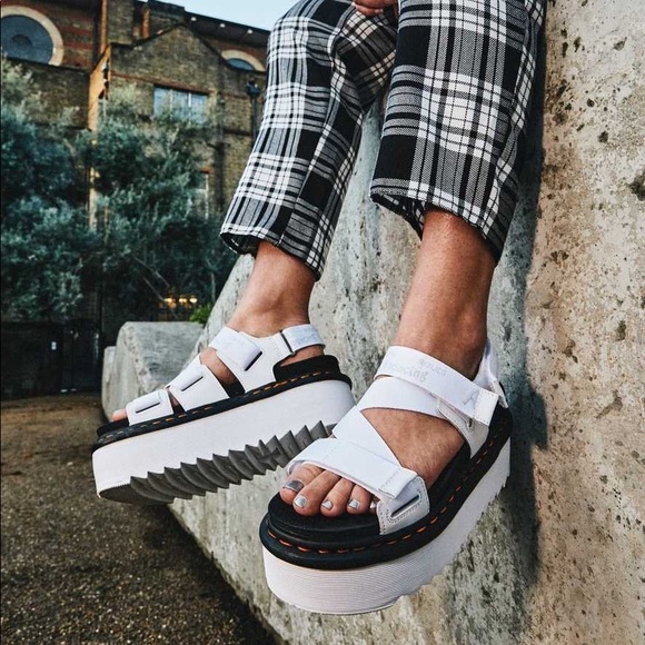 Dr. Martens Shoes - 🆕 Women's Dr. Martens Kimber Sandal White Black Hydro + Logo Webbing Flatform